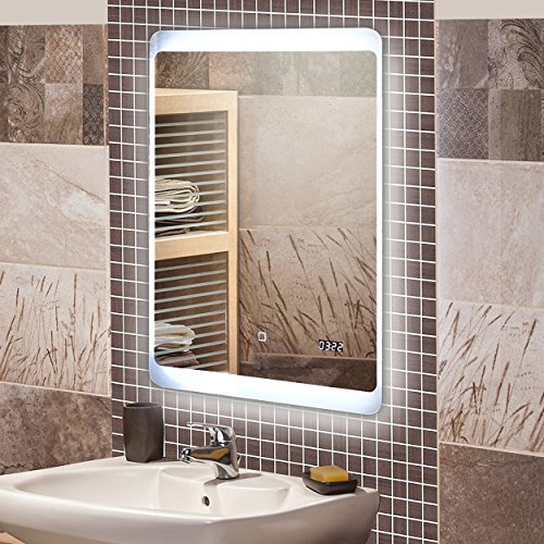 KROLLMANN Badspiegel mit LED Beleuchtung / Badezimmer Spiegel beleuchtet mit Touch Sensor und Digitaluhr, 50 x 70 cm