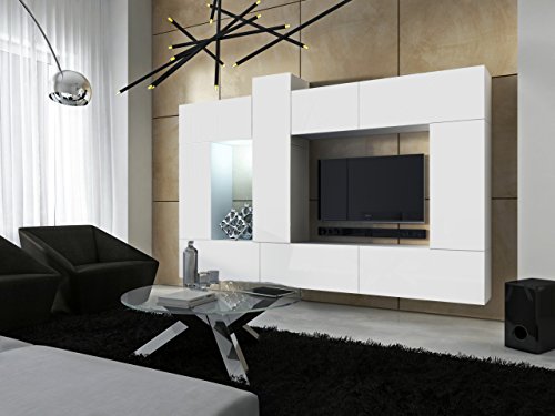 FUTURE 22 Moderne Wohnwand, Exklusive Mediamöbel, TV-Schrank, Neue Garnitur, Große Farbauswahl (RGB LED-Beleuchtung Verfügbar) (Weiß MAT base / Weiß MAT front, Möbel)