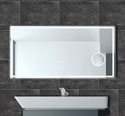 Badspiegel mit Uhr LED Beleuchtung Touch Kosmetikspiegel Badezimmer Spiegel IP44 einbaufertig