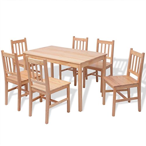 Festnight 7tlg.-Set Essgruppe mit Esszimmertisch + 6 Essstühle Küchentisch Esszimmerstuhl Esstisch-Set aus Pinienholz Braun