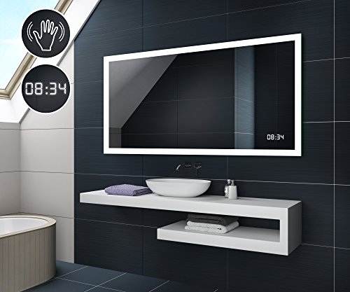90 cm x 70 cm Design Badspiegel mit LED Beleuchtung von Artforma | Wandspiegel Badezimmerspiegel | SENSOR SCHALTER + LED UHR