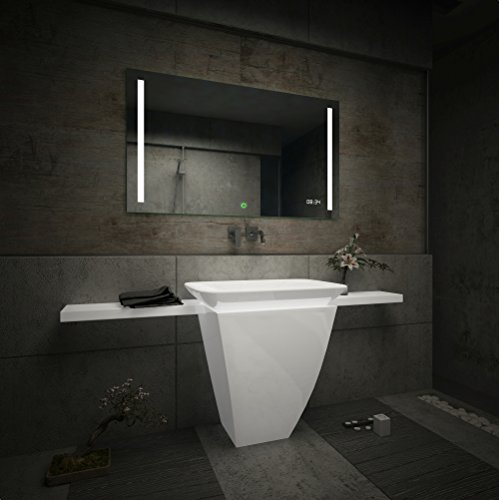 Design Badspiegel mit LED Beleuchtung Wandspiegel Badezimmerspiegel mit Touch Schalter + LED Uhr + Steckdose